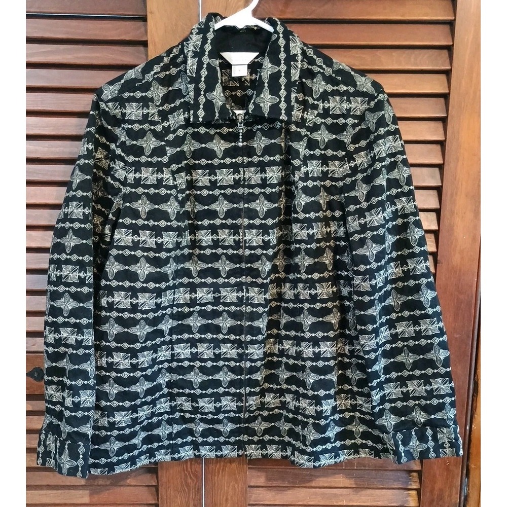 CJ Banks Jacket Top Women's Size XL Black White Floral Full Zip Lightweight